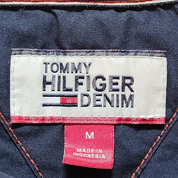 Tommy Hilfiger Denim Retro Button-Down Shirt Navy Red Stripes Logo Patches Med - Picture 3 of 10